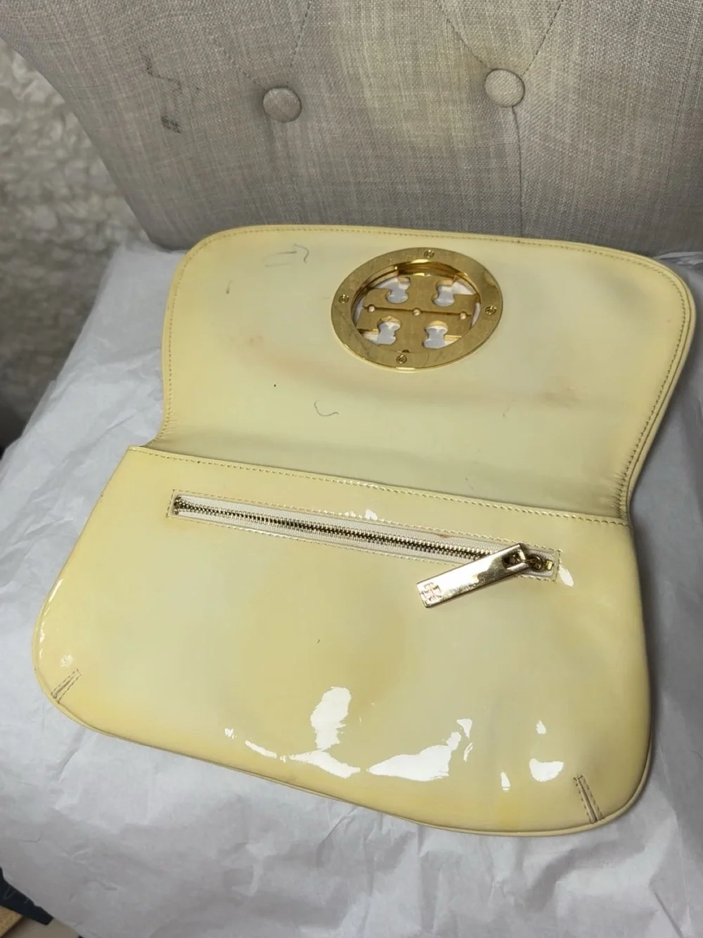 Tory Burch Yellow Patent Leather Clutch with Gold Logo Medallion